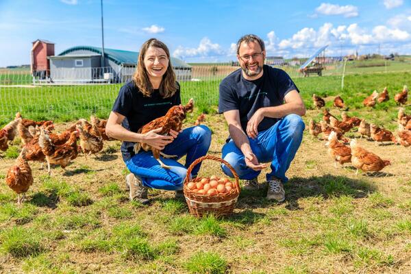 Thomas und Lucia Haaf in Oberwittighausen mit einigen ihrer "Mitarbeiterinnen": Das Ehepaar gehrt mit seinem Biobetrieb zu den 25 Eiererzeugern im Main-Tauber-Kreis mit mehr als 40 Legehenen.